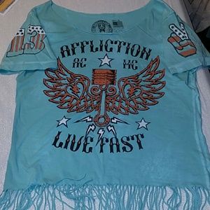 Affliction MC fringe studded top